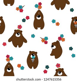 Seamless pattern, vector illustration of cute bear with flower cartoon character on white background, creative repeating line of texture for printing, wrapping, wallpaper, fabric, and textile.