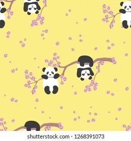 seamless pattern vector illustration of cute little Panda on Sakura tree branch, flat design