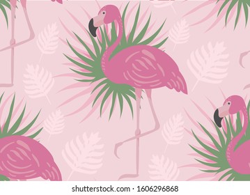 Seamless pattern. Vector illustration of a cute pink flamingo. Exotic bird on a botanical background. Flat illustration.