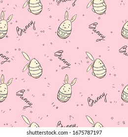 Seamless pattern. Vector illustration with cute rabbits on 
pink backgrounds. Endless repeating textures for banners, fabric, greetings, packaging, printing on paper, wallpapers, etc.