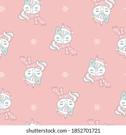 Seamless pattern vector illustration. Cute kawaii head of unicorn in Christmas hat and snowflakes isolated on pink background. For decor,design,congratulation cards, design cushion, print.