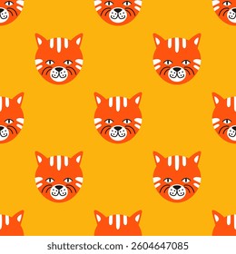Seamless pattern vector illustration of cute cartoon cat heads. Colorful, childish kitten design ideal for textiles, wallpapers, wrapping paper and playful surface patterns. Pet themed charm.