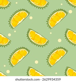 Ilustração de vetor de padrão sem costura com peças durianas bonitas e frutas inteiras, o rei das frutas, com espinhos em um estilo divertido e colorido. Adequado para tecidos, embalagens e trabalhos relacionados com o verão.
