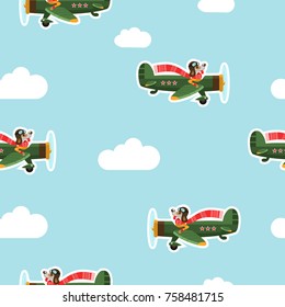 Seamless pattern. Vector illustration. The dog is a symbol of 2018 flying on the plane. Christmas background.
