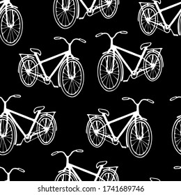 seamless pattern, vector illustration, doodle style pattern in black, bicycle, silhouette, ornament for wallpaper and fabrics