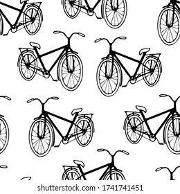 seamless pattern, vector illustration, doodle style pattern in black, bicycle, silhouette, ornament for wallpaper and fabrics