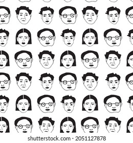 Seamless pattern. Vector illustration with doodle sketch. Linear portrait of woman, men. 