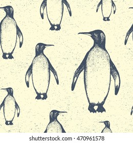Seamless pattern. Vector illustration of doodle king penguin. Isolated hand drawn ink sketch in line art graphic style with dot elements. Engraved on vintage background. Design for advertisement, web