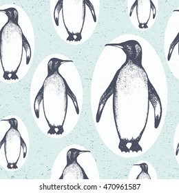 Seamless pattern. Vector illustration of doodle king penguin. Isolated hand drawn ink sketch in line art graphic style with dot elements. Engraved on vintage background. Design for advertisement, web