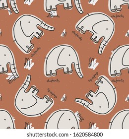 Seamless pattern vector illustration with elephant. Neutral gender scandinavian camarel colour background. Perfect for kids apparel, fabric, textile, nursery decoration,wrapping paper and print.
