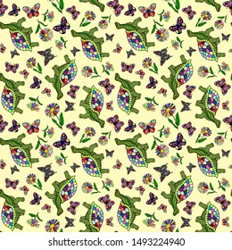 seamless pattern. vector illustration eps10 of cartoon turtle and butterflies, daisies. hand drawing. 