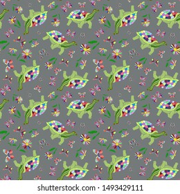 seamless pattern. vector illustration eps10 of cartoon turtle and butterflies, daisies. hand drawing. 