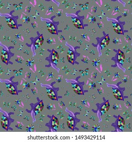 seamless pattern. vector illustration eps10 of cartoon turtle and butterflies, daisies. hand drawing. 