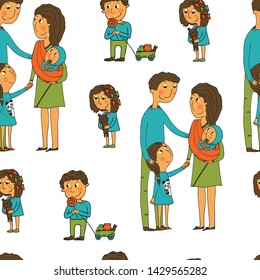 Seamless pattern, vector illustration. Family in the Park spends leisure time in the fresh air. Cartoon colorful vector illustration.