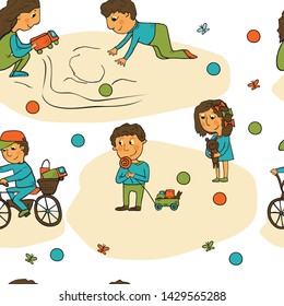 Seamless pattern, vector illustration. Family in the Park spends leisure time in the fresh air. Cartoon colorful vector illustration.