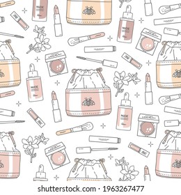 Seamless pattern, vector illustration, fashion sketch, outline drawing. Cosmetic bag, foundation, powder, makeup brush, lipstick, eye shadows, mascara, flowers. Make-up cosmetics, skin care, beauty.
