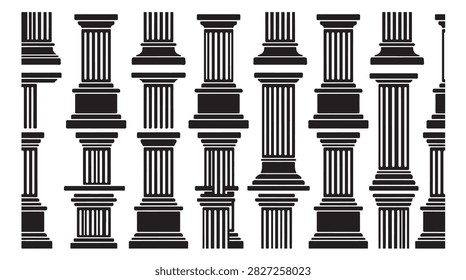 Seamless pattern vector illustration featuring classic black and white architectural pillars and columns for ancient building design and retro interior decoration