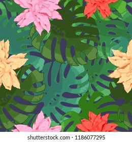 Seamless pattern. Vector illustration. Monsterà Flower Pattern. Tropical leaves. Green pattern. Pattern with lilies