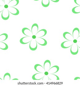 Seamless pattern. Vector illustration with flowers. Vintage floral print. Field of cute daisies. Textile design with green chamomiles on white background. Spring or summer template. Surface texture. 