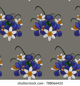 seamless pattern vector illustration, flowers bouquet blue irises and daffodils on a gray background, for textiles, fabric, wrapping paper, wallpaper