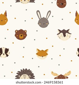 Seamless pattern. Vector illustration with forest animals. Raccoon. Baby animals. Large set for clipart. Set of animals in cartoon style on a white background.