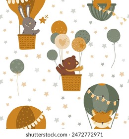 Seamless pattern. Vector illustration with forest animals. A wolf, a hare, a badger, a bear and a hedgehog are flying in balloons. Set of animals in cartoon style.