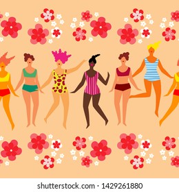 Seamless pattern. Vector illustration with girls in the beach. Summer. Can be used for wallpaper, textile, invitation card, wrapping, web page background.