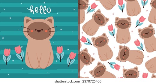 seamless pattern and vector illustration greeting card cartoon cat and flower. cute card and wallpaper for gift wrap paper