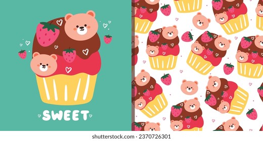 seamless pattern and vector illustration greeting card cartoon dessert design with bear. cute card and wallpaper for gift wrap paper