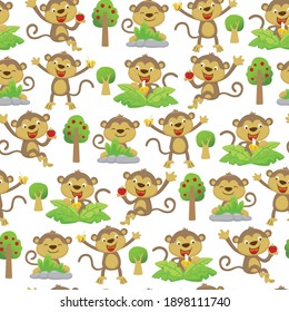 Seamless pattern vector illustration, group of funny monkey cartoon in different activity with fruits and trees