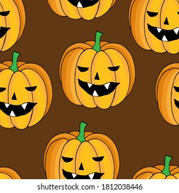 seamless pattern, vector illustration for Halloween, funny scary pumpkins, ornament for wallpaper and fabric, wrapping paper, background for scrapbooking
