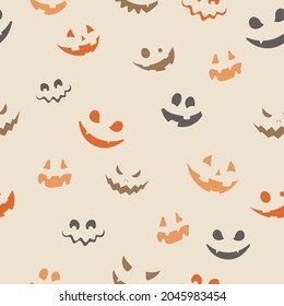 Seamless pattern with vector illustration to Halloween with smiley faces to pumpkins. Hand drawn graphics illustrations isolated on soft beige background perfect for wrapping paper, wallpaper, texture