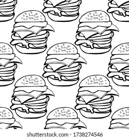 Ilustración vectorial de patrón sin foco un contorno de hamburguesas sobre fondo blanco