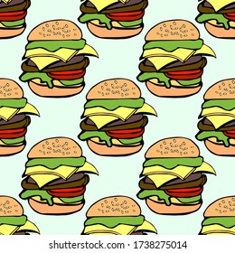 Seamless pattern vector illustration a hamburgers in cartoon style on light green background