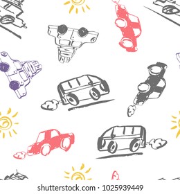Seamless pattern vector illustration. Hand drawn retro car with suitcases and hand written lettering of Lets go travel.