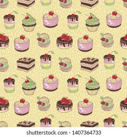 Seamless pattern. Vector illustration. Hand drawn cupcake, vintage colorful food sketches, isolated on white background.