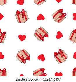 Seamless pattern vector illustration of hand drawn   heart and gift in color Ink drawing, beautiful  design elements Funny illustration Valentine's Day on isolated white background