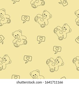 Seamless pattern vector illustration of hand drawn bear with heart  Ink drawing, beautiful animal design elements Funny illustration Valentine's Day toy on color  background