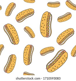 seamless pattern Vector illustration. Hand drawn doodle of hot dog with mustard. 