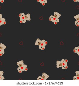 Seamless pattern vector illustration of hand drawn bear with heart. Ink drawing, beautiful animal design elements Funny illustration Valentine's Day toy on black background