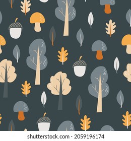 Seamless pattern - Vector illustration of hand drawn forest nature objects on dark grey. Autumn forest