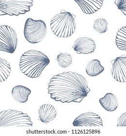 Seamless pattern. Vector Illustration of handdrawn seashells in sketch style on white background. Beach design.