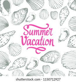 Seamless pattern. Vector Illustration of handdrawn seashells in sketch style on white background. Beach design.