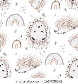 Seamless pattern vector illustration with hedgehogs and rainbows. Neutral gender scandinavian background. Perfect for kids apparel, fabric, textile, nursery decoration,wrapping paper.