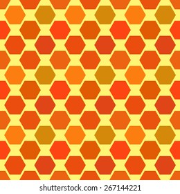 Seamless pattern vector illustration of honey, bee comb, simple geometric shapes, retro faded yellow red, orange colors old style vintage mosaic backdrop. Abstract colorful background wall texture.