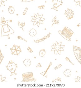 Seamless pattern vector illustration of icons of the traditional Russian holiday Maslenitsa. Endless background of pancake day elements.