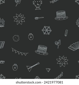 Seamless pattern vector illustration of icons of the traditional Russian holiday Maslenitsa. Endless background of pancake day elements.