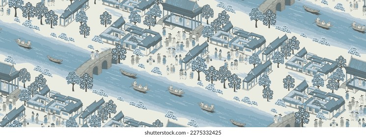 Seamless pattern vector illustration of Korean old buildings and people located on the riverside				
