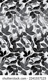 Seamless pattern, vector illustration, leaves shadows silhouette. Black and White Abstract leaves shape, seamless pattern.  leaf silhouettes with scribble textures.