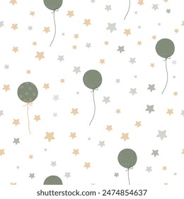 Seamless pattern. Vector illustration. Light background seamless pattern with multi-colored polka dots and balloons, stars. Muted colors. Small drawing. Lots of air. Trendy colors and style.